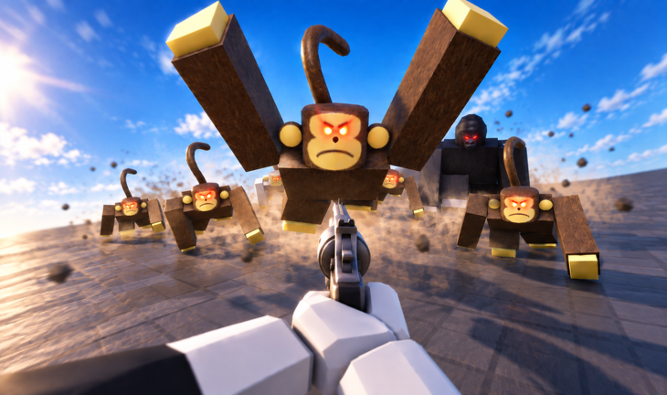 Official Survive a Million Monkeys promotional artwork showing a pistol facing approaching monkeys