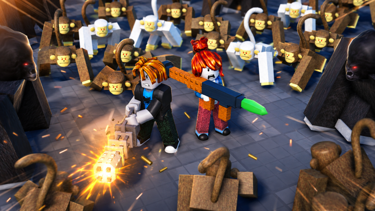 Official Survive a Million Monkeys promotional artwork showing two players fighting a crowded monkey horde